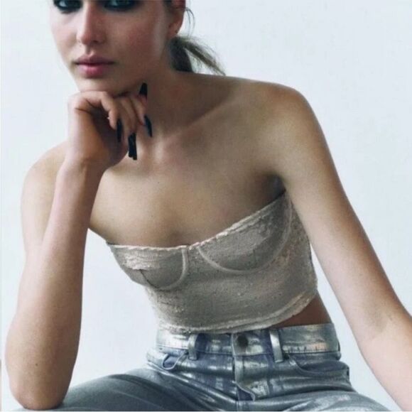 Zara Sequin Corset Bra Top in Champagne - Picture 2 of 11
